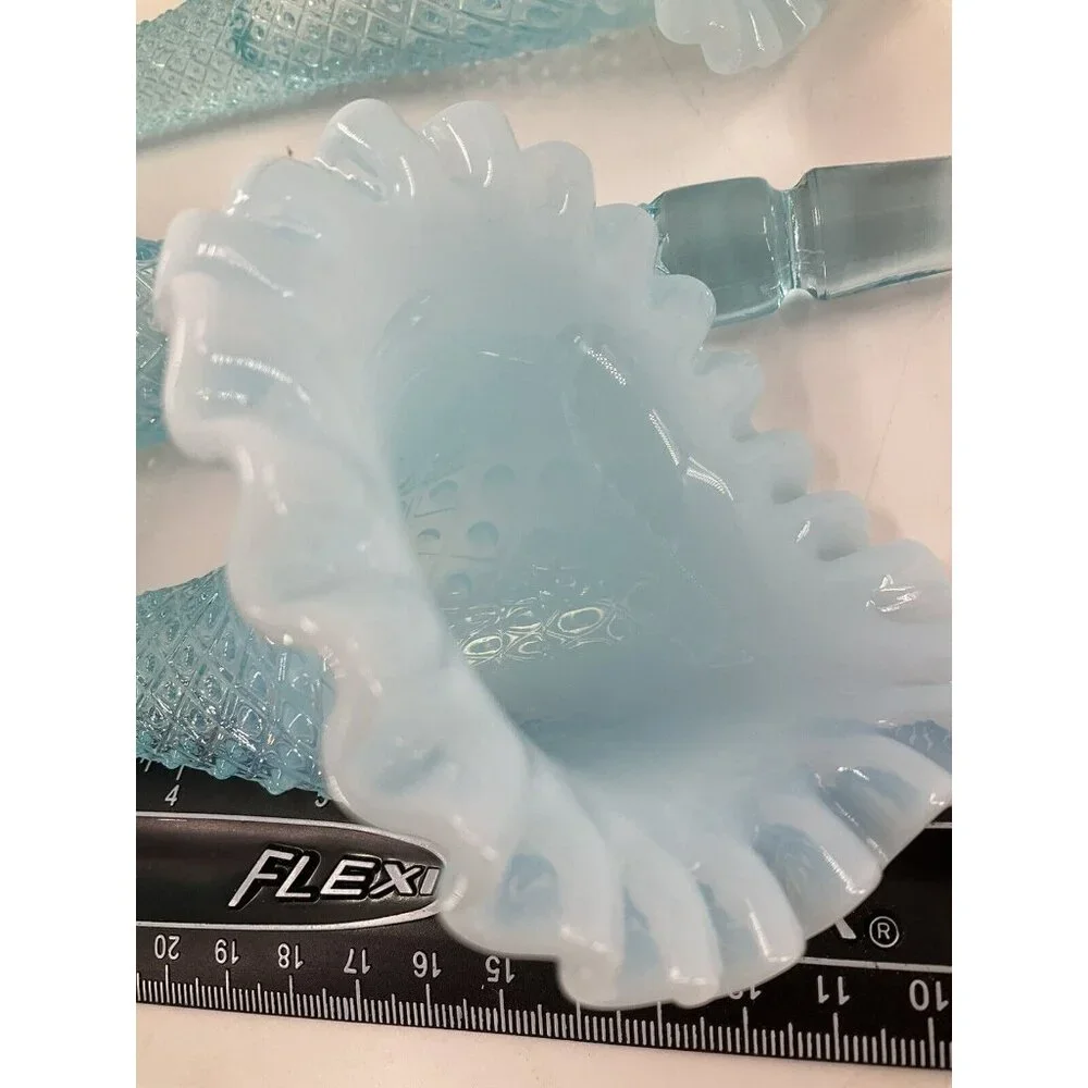 FENTON Glass 10" Flower EPERGNE Sea Blue Opalescent Hobnail Diamond Lace, MINT!! - Picture 16 of 16